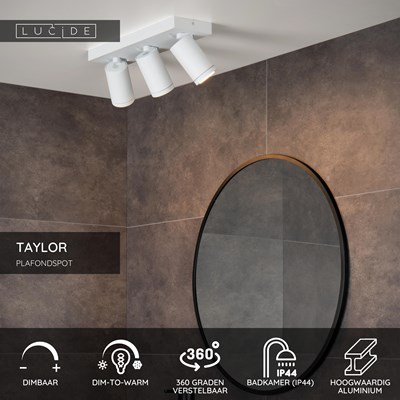 Lucide TAYLOR - Plafondspot Badkamer - LED Dim to warm - GU10 - 3x5W 2200K/3000K - IP44 - Wit